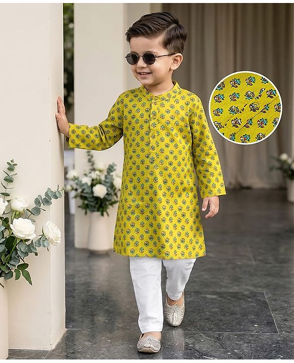 Babyhug Cotton Full Sleeves Kurta Pyjama Set Floral Print - Lime Yellow