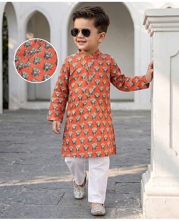 Babyhug Cotton Woven  Full Sleeves Floral Printed Kurta Pyjama Set - Orange