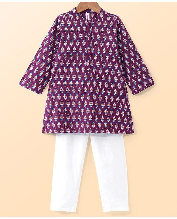 Babyhug Cotton Full Sleeves Hand Block Printed Kurta & Pyjama Set - Magenta & White