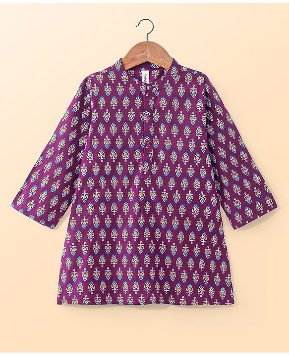 Babyhug Cotton Full Sleeves Hand Block Printed Kurta & Pyjama Set - Magenta & White