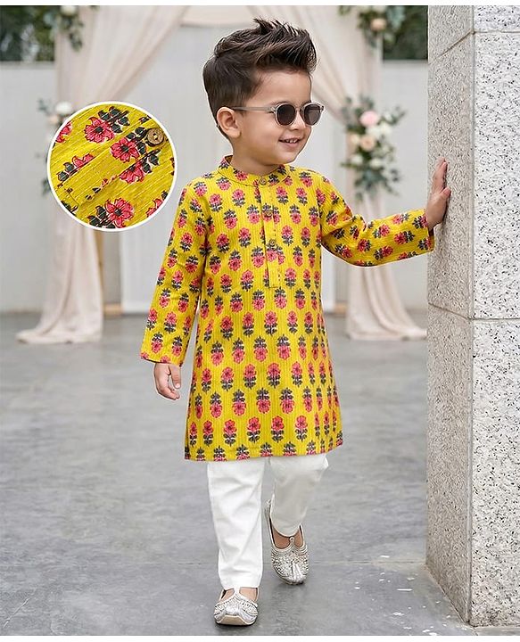 Babyhug Cotton Full Sleeves Kurta Pyjama Set Floral Print - Yellow