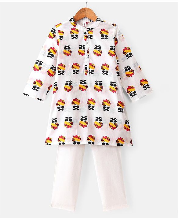 Babyhug 100% Cotton Woven Full Sleeves Turban Foil Printed Kurta & Pyjama Set - White