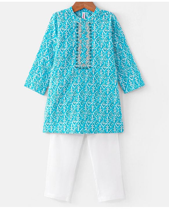 Babyhug Cotton Woven Full Sleeves  Foil Printed Kurta & Pyjama Set - Blue