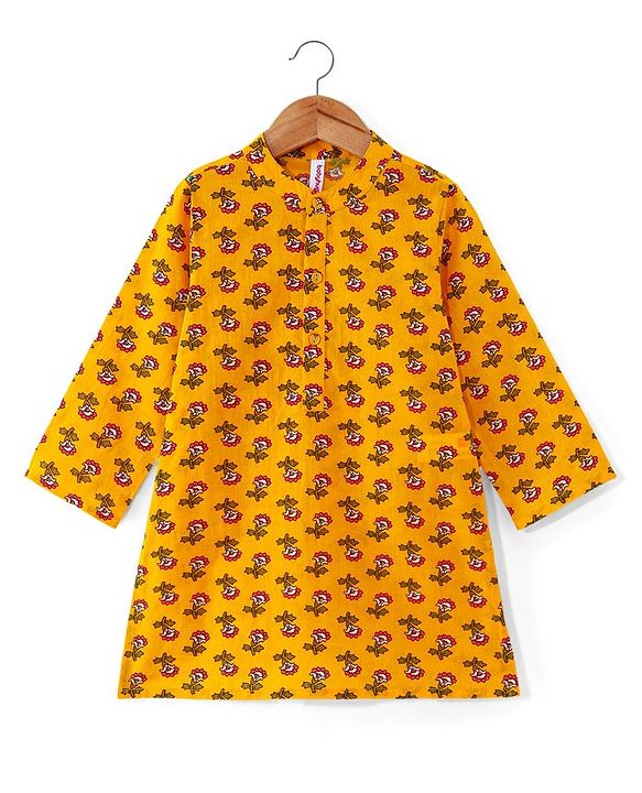 Babyhug 100% Cotton Woven Full Sleeves Floral Printed Kurta Pajama Set - Yellow