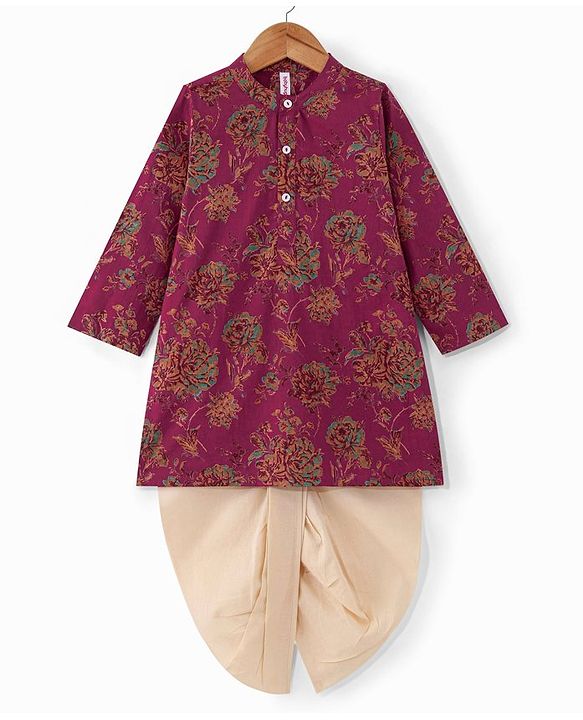 Babyhug 100% Cotton Woven Full Sleeves Floral Printed Kurta & Dhoti Set - Magenta