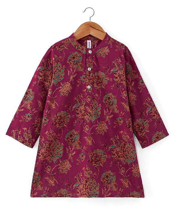 Babyhug 100% Cotton Woven Full Sleeves Floral Printed Kurta & Dhoti Set - Magenta
