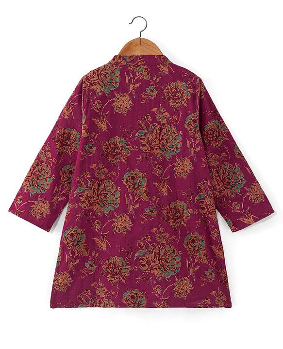 Babyhug 100% Cotton Woven Full Sleeves Floral Printed Kurta & Dhoti Set - Magenta