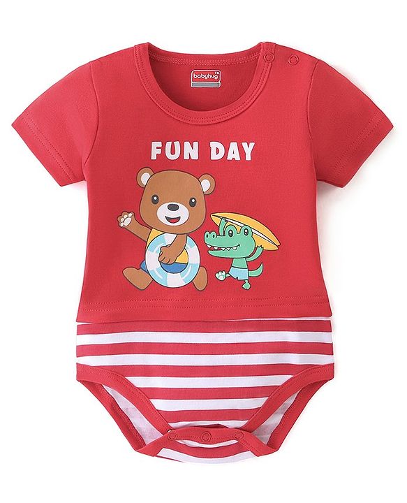 Babyhug 100% Cotton Knit Half Sleeves Onesie Striped & Teddy Print - Red