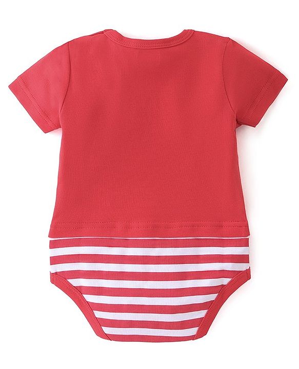 Babyhug 100% Cotton Knit Half Sleeves Onesie Striped & Teddy Print - Red