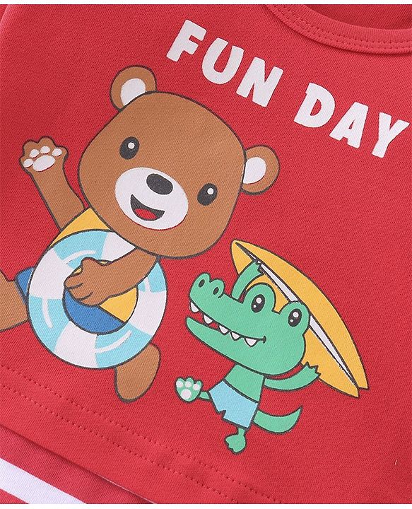 Babyhug 100% Cotton Knit Half Sleeves Onesie Striped & Teddy Print - Red