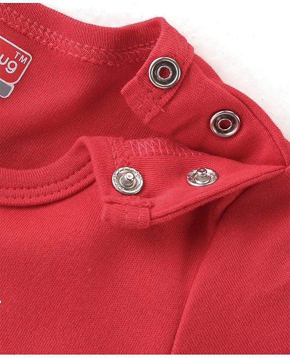 Babyhug 100% Cotton Knit Half Sleeves Onesie Striped & Teddy Print - Red