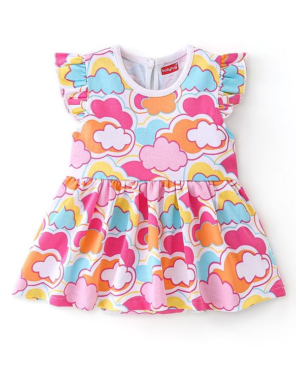 Babyhug 100% Cotton Frill Sleeves  Frock Style Onesie Cloud Print - Pink