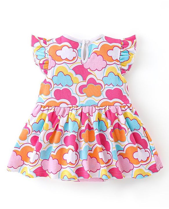 Babyhug 100% Cotton Frill Sleeves  Frock Style Onesie Cloud Print - Pink