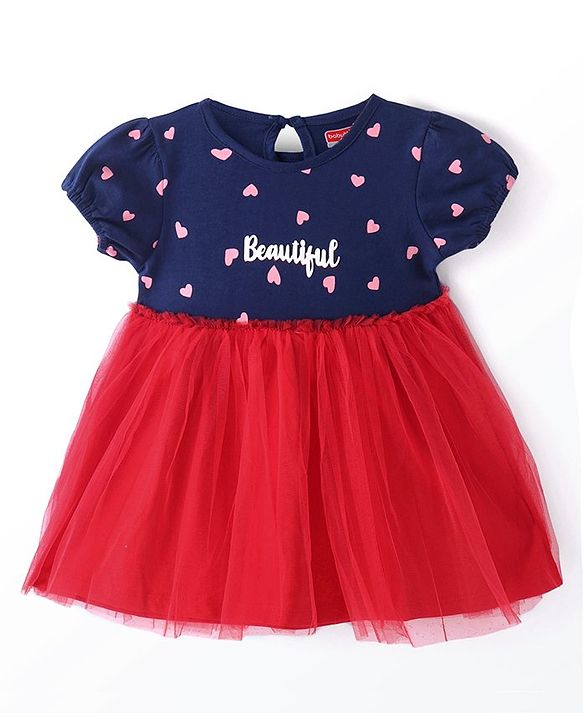 Babyhug Cotton Jersey Half Sleeves Heart & Text Printed Frock with Bloomer - Navy & Red