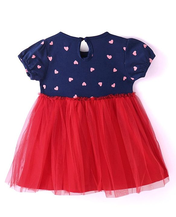 Babyhug Cotton Jersey Half Sleeves Heart & Text Printed Frock with Bloomer - Navy & Red