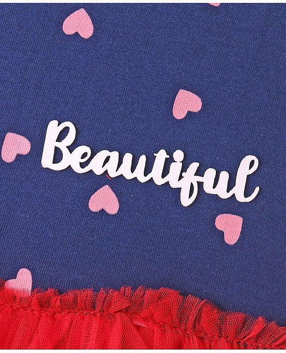 Babyhug Cotton Jersey Half Sleeves Heart & Text Printed Frock with Bloomer - Navy & Red