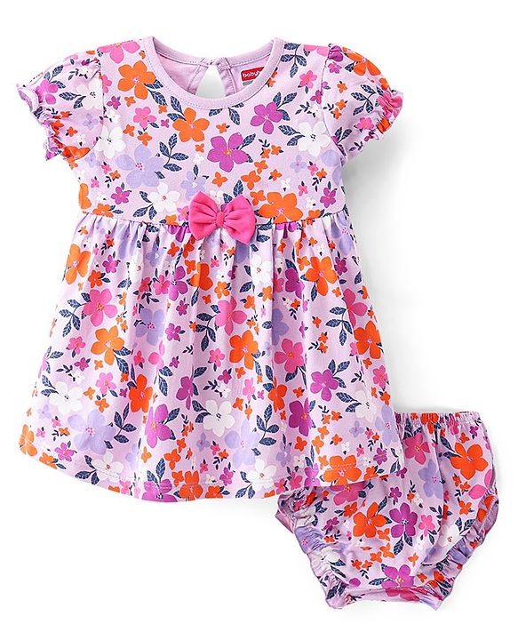 Babyhug Cotton Jersey Knit Half Sleeves Floral Print Frock with Blooomer-Pink