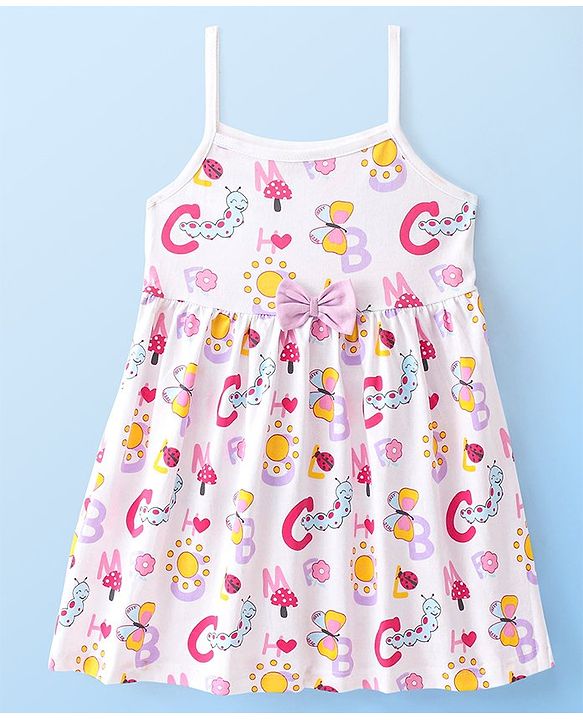 Babyhug 100% Cotton Jersey Knit Sleeveless Frock With Bloomer Butterfly Print - White