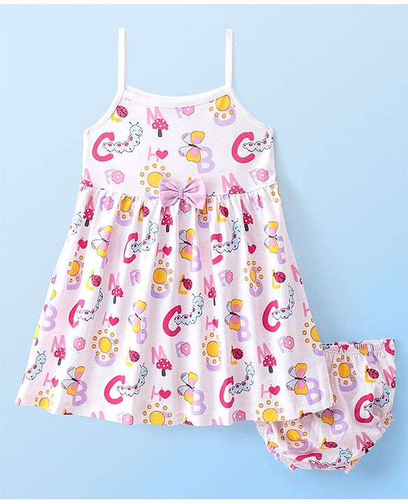 Babyhug 100% Cotton Jersey Knit Sleeveless Frock With Bloomer Butterfly Print - White