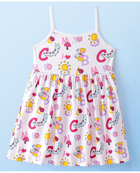 Babyhug 100% Cotton Jersey Knit Sleeveless Frock With Bloomer Butterfly Print - White