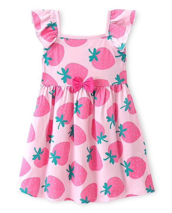 Babyhug Cotton Jersey Knit Sleeveless Frock With Bloomer Strawberry Print - Pink