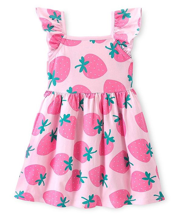 Babyhug Cotton Jersey Knit Sleeveless Frock With Bloomer Strawberry Print - Pink