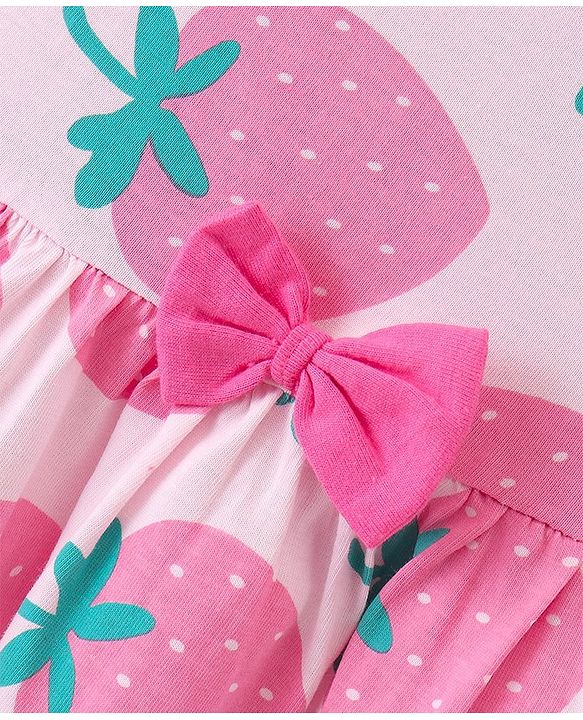 Babyhug Cotton Jersey Knit Sleeveless Frock With Bloomer Strawberry Print - Pink