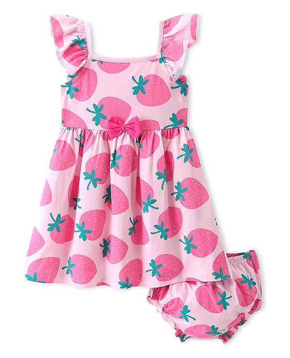 Babyhug Cotton Jersey Knit Sleeveless Frock With Bloomer Strawberry Print - Pink