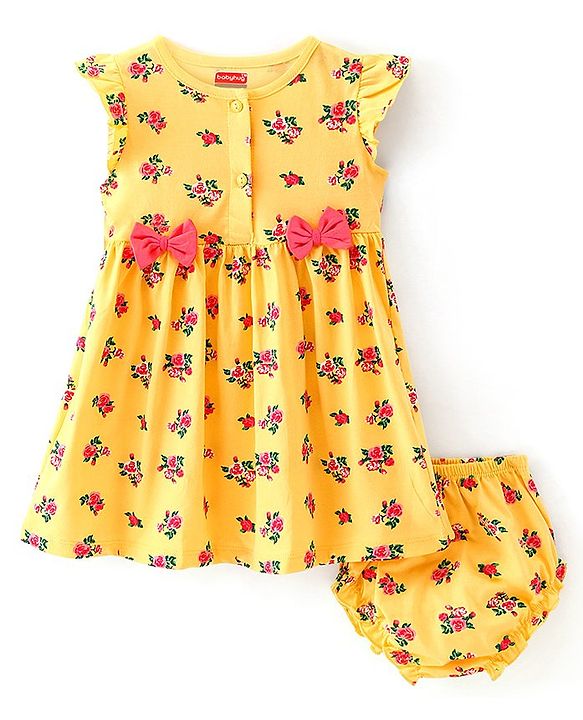 Babyhug Cotton Jersey Frill Sleeves Floral Printed Frock With Bloomer & Bow - Yellow