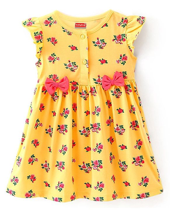 Babyhug Cotton Jersey Frill Sleeves Floral Printed Frock With Bloomer & Bow - Yellow
