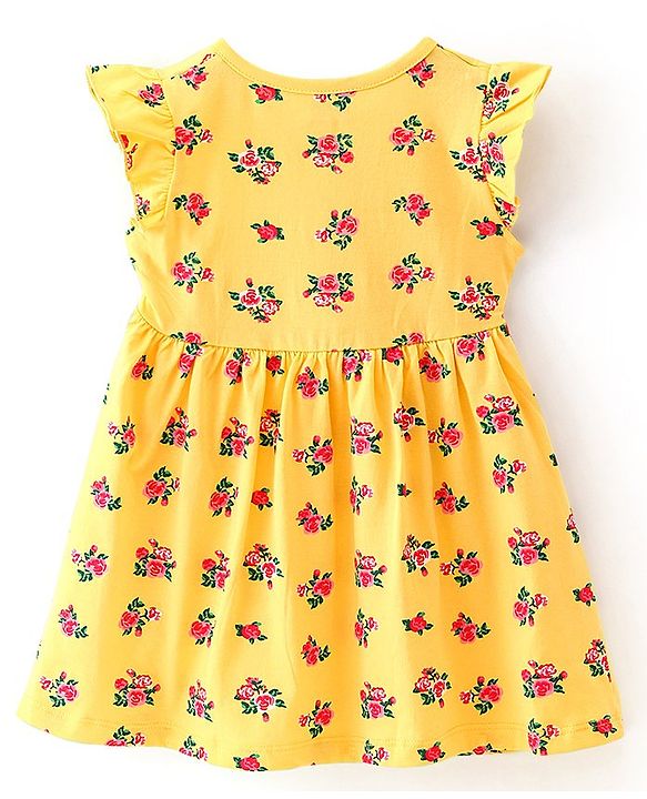 Babyhug Cotton Jersey Frill Sleeves Floral Printed Frock With Bloomer & Bow - Yellow