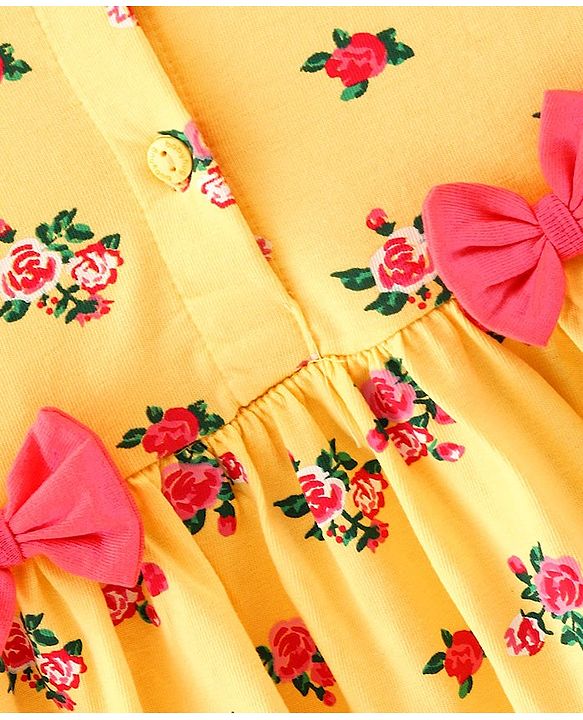 Babyhug Cotton Jersey Frill Sleeves Floral Printed Frock With Bloomer & Bow - Yellow