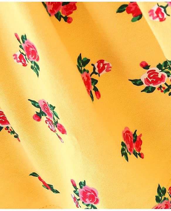 Babyhug Cotton Jersey Frill Sleeves Floral Printed Frock With Bloomer & Bow - Yellow