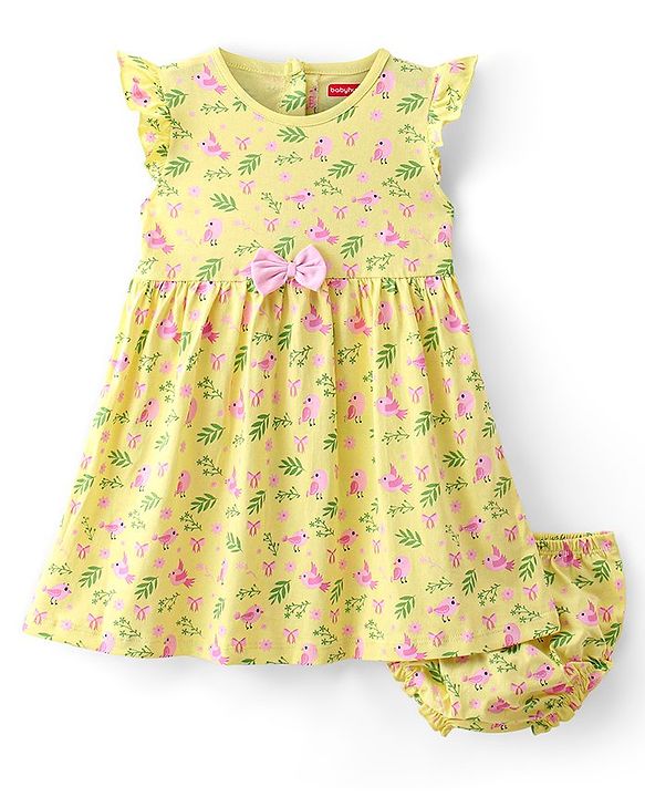 Babyhug Cotton Jersey Knit Frill Sleeves Frock With Bloomer Floral Print - Yellow