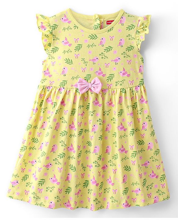 Babyhug Cotton Jersey Knit Frill Sleeves Frock With Bloomer Floral Print - Yellow