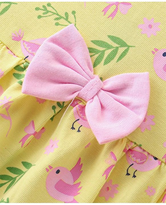 Babyhug Cotton Jersey Knit Frill Sleeves Frock With Bloomer Floral Print - Yellow