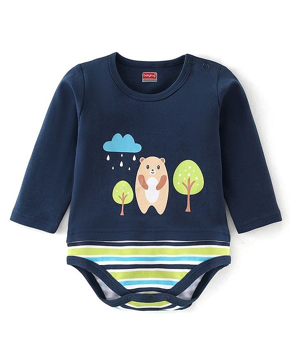 Babyhug 100% Cotton Knit Full Sleeves Onesie with Bear Print - Navy Blue