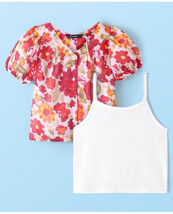 Pine Kids Half Sleeves Top with Inner Slip Floral Print - Red