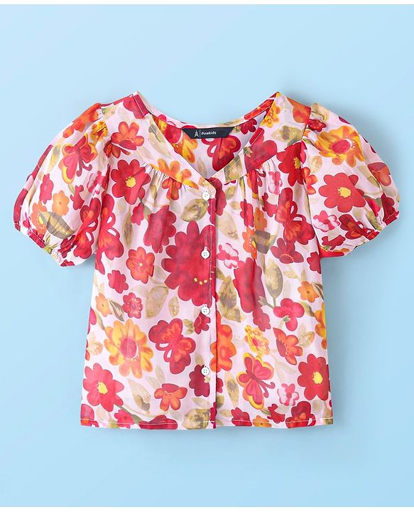 Pine Kids Half Sleeves Top with Inner Slip Floral Print - Red
