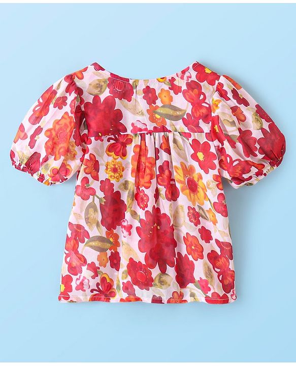 Pine Kids Half Sleeves Top with Inner Slip Floral Print - Red