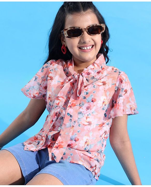 Pine Kids Half Sleeves Top with Inner Slip Floral Print - Pink