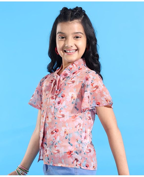 Pine Kids Half Sleeves Top with Inner Slip Floral Print - Pink