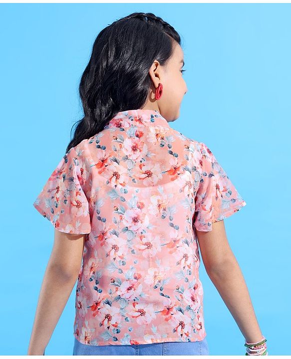 Pine Kids Half Sleeves Top with Inner Slip Floral Print - Pink