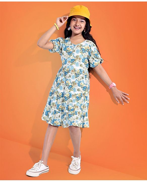 Pine Kids 100% Viscose Woven Half Sleeves Floral Printed Frock - White