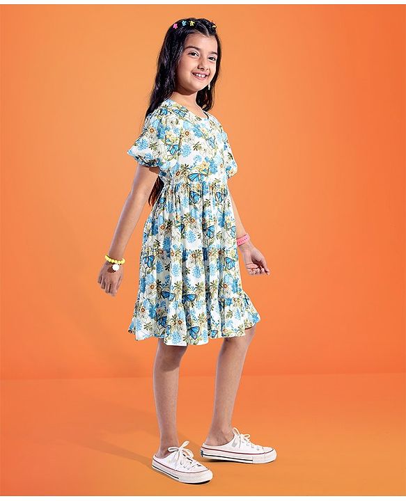 Pine Kids 100% Viscose Woven Half Sleeves Floral Printed Frock - White