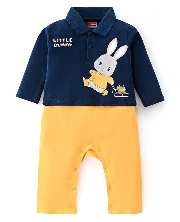 Babyhug 100% Cotton Interlock Knit Full Sleeves Romper Bunny Print - Navy Blue