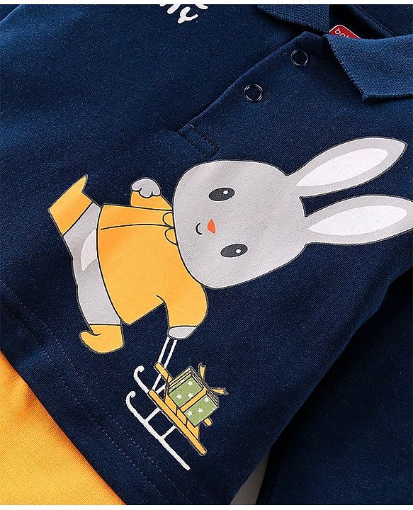 Babyhug 100% Cotton Interlock Knit Full Sleeves Romper Bunny Print - Navy Blue
