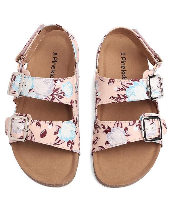 Pine Kids Casual Wear Sandals with Velcro Belt Closure Floral Print - Beige