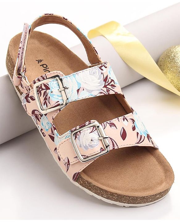 Pine Kids Casual Wear Sandals with Velcro Belt Closure Floral Print - Beige