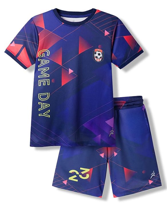 Pine Active Half Sleeves T-Shirt & Shorts Set Gameday Print - Navy